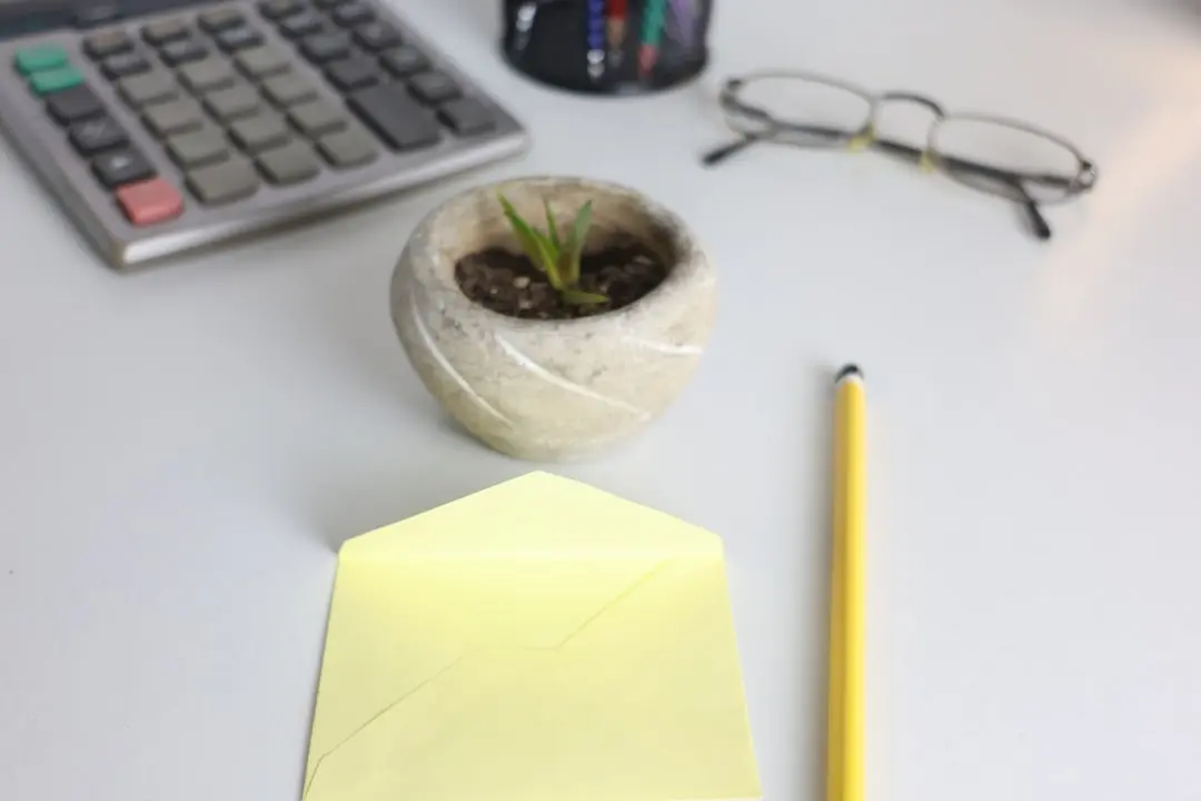 Desk with calculator, plant, glasses, and pencil. — Photo by Cht Gsml on Unsplash